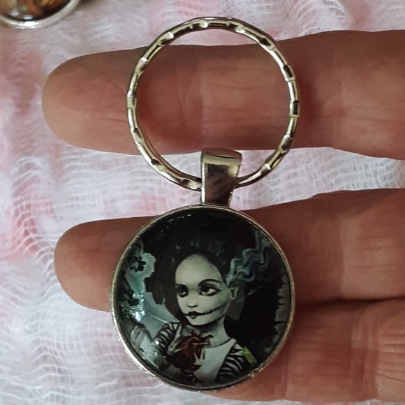 Bride of Frankenstein Cabochon Key Ring Handcrafted With Necklace Chain Goth - Picture 3 of 8